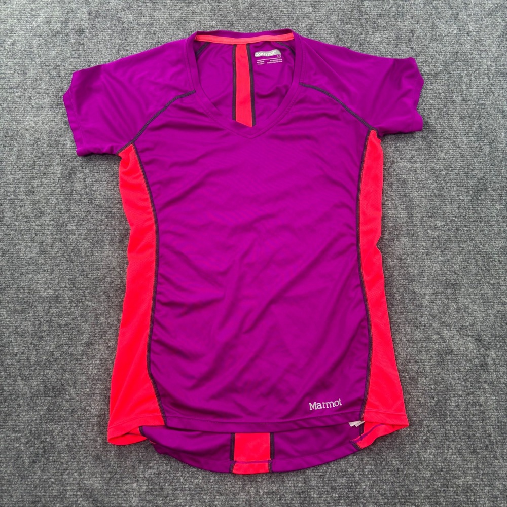 Marmot Short Sleeve Athletic Top Small Purple Pink V-Neck Performance Womens